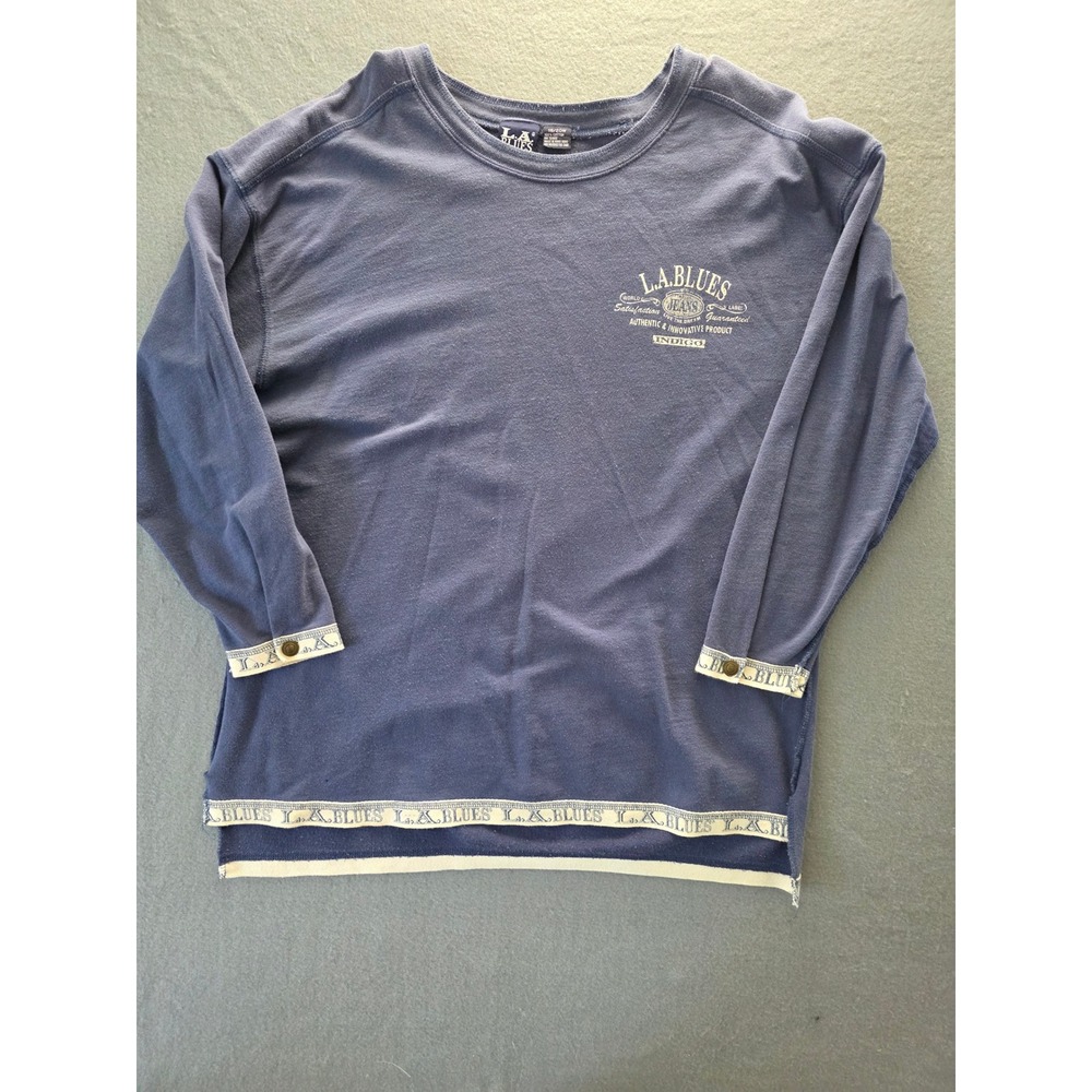 LA Blues Indigo Blue Long Sleeve Graphic Cotton Top Women Plus 18/20W Vintage